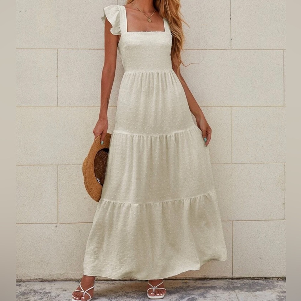 Neutral Open Back Flowy Maxi Dress in Beige with Sewn White Swiss Dots
